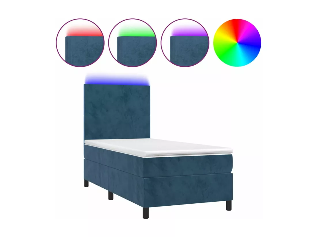 Sommier tapissier et matelas et LED Bleu foncé 90x190cm Velours