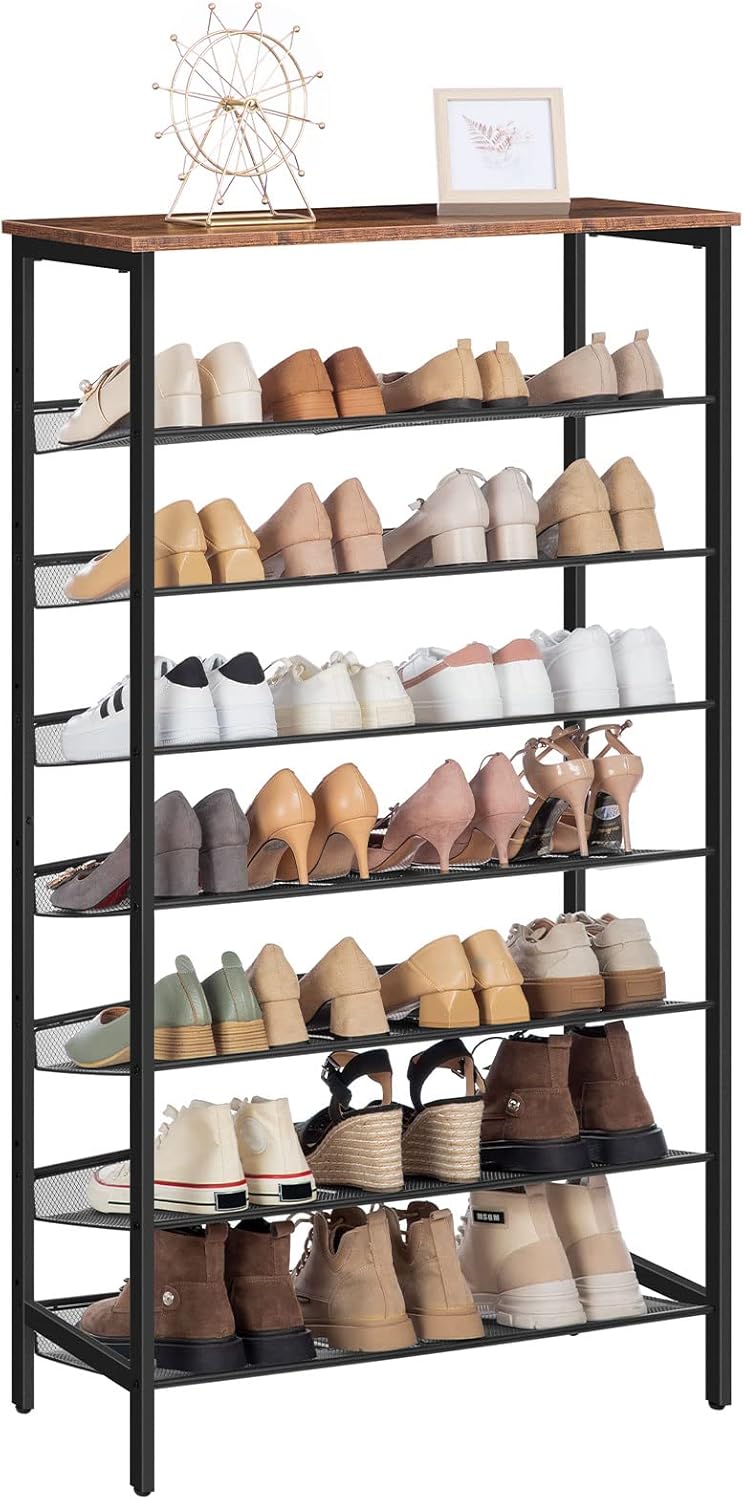 HOOBRO 8-stöckiges Schuhregal, Schuhschrank hoch, Große schmal Schuhablage, Flache und kippbare Gitternetzregale, Metall, für 24-32 Paar, für Eingang, Flur, vintagebraun-schwarz EBF18XJ01