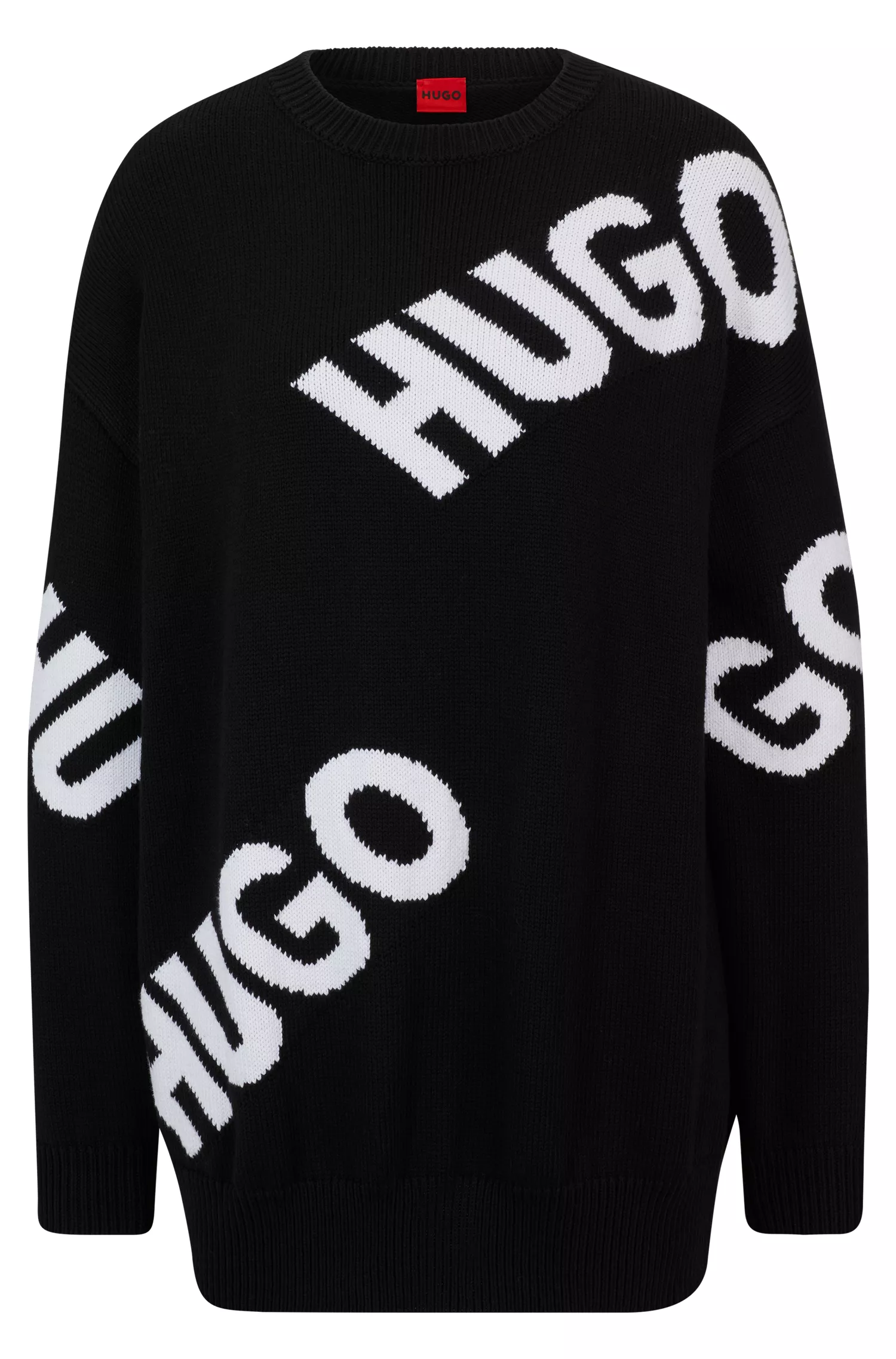 Suéter HUGO com logo vermelho em padrão intarsia, em mistura de algodão orgânico.