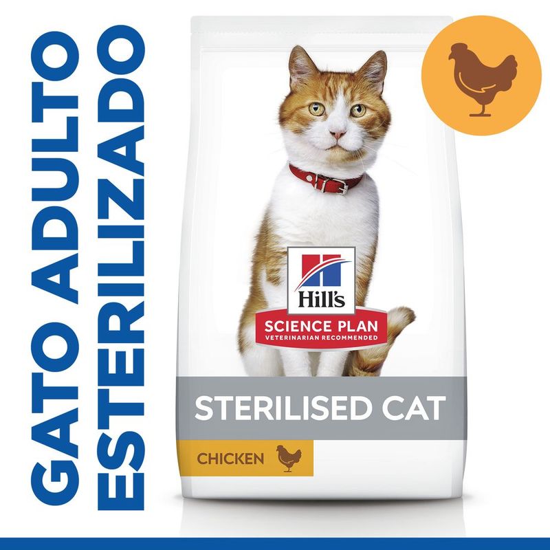 Ração esterilizada para gatos adultos Hill's Science Plan com sabor de frango.