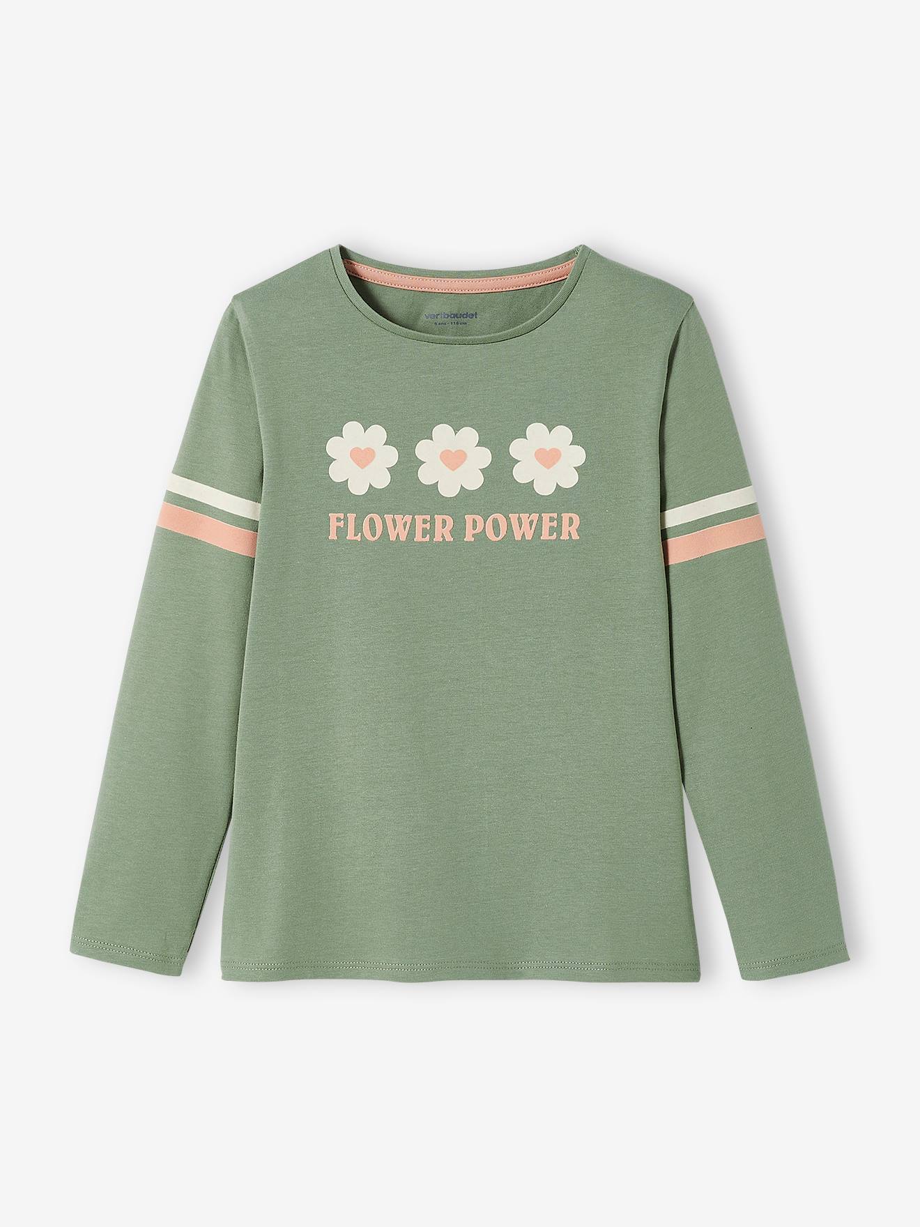 Camiseta floral com detalhes aveludados, camiseta lisa verde-médio infantil com estampas.