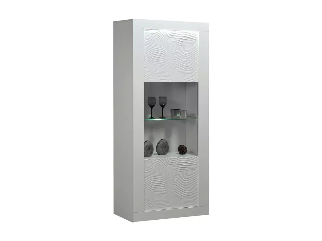Vitrine avec éclairage à Led 1 porte bois laqué blanc à reliefs Kala 80cm