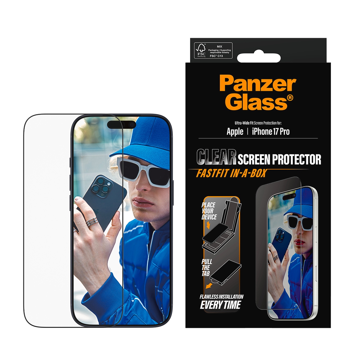 CARE by PanzerGlass Displayschutzglas »Ultra-Wide Fit Screen Protector FASTFIT IN-A-BOX« für Apple iPhone 17 Pro Displayschutzfolie, Schutzfolie, Bildschirmschutz, kratz- & stossfest