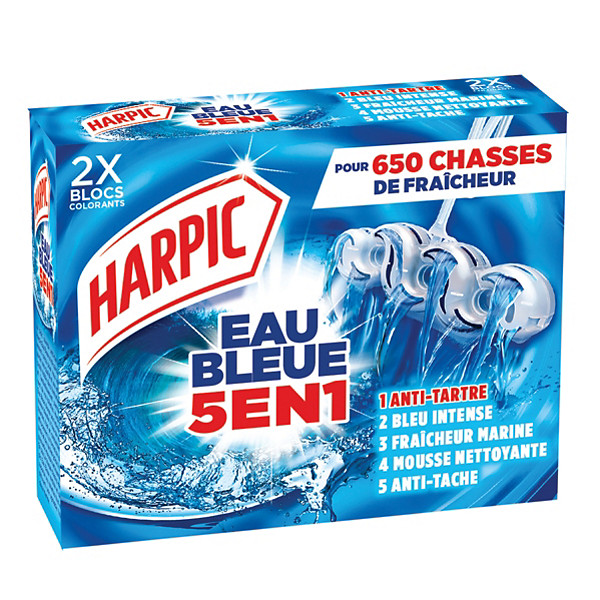 Blocs WC anti-tartre Harpic Eau Bleue parfum marine, lot de 2
