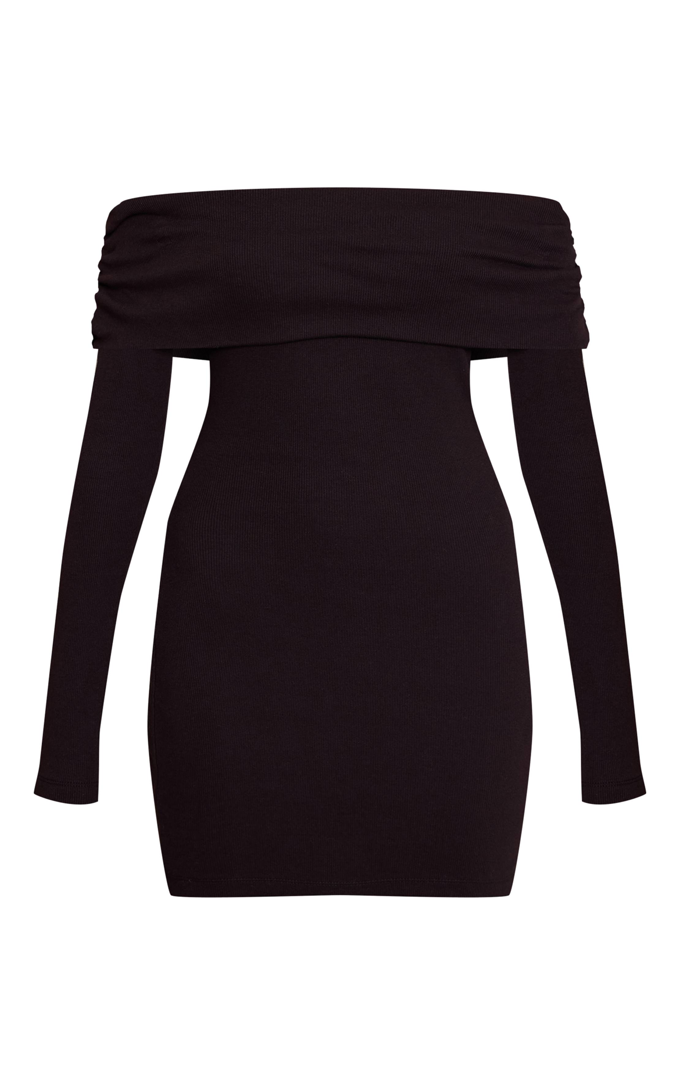 Noir Robe Moulante Côtelée À Manches Longues Et Encolure Bardot Rabattue