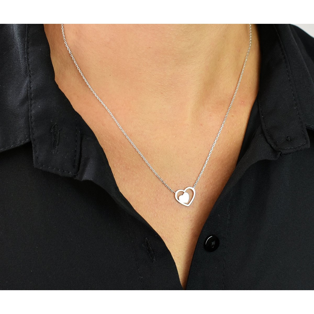 Collier 2 coeurs coeur ajouré et coeur plein Argent 925 Rhodié