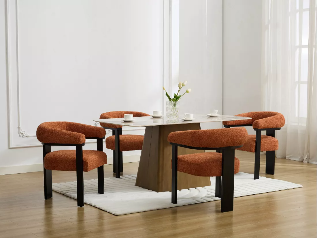 Lot de 6 chaises avec accoudoirs en tissu bouclette et bois d'hévéa noir - Terracotta - LIVELIA de Pascal MORABITO