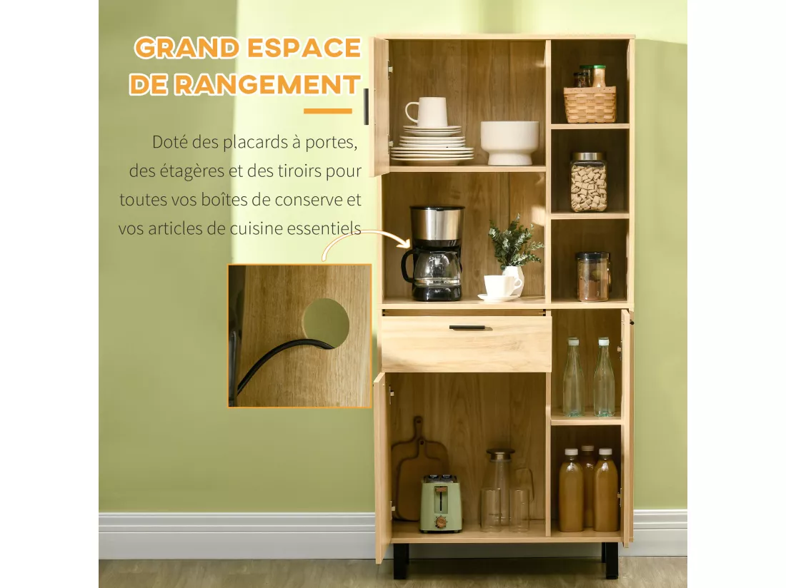 Buffet haut - armoire de cuisine multi-rangement - 3 portes, 4 niches, tiroir - piètement métal noir panneaux particules aspect bois clair