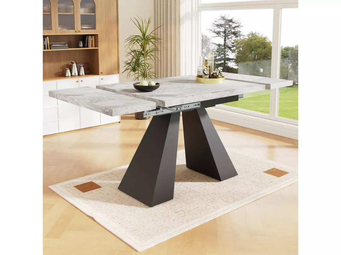 Table à manger extensible - 99-159 x 74 x 77 cm - Plateau en effet marbre - MDF et métal - Gris + noir