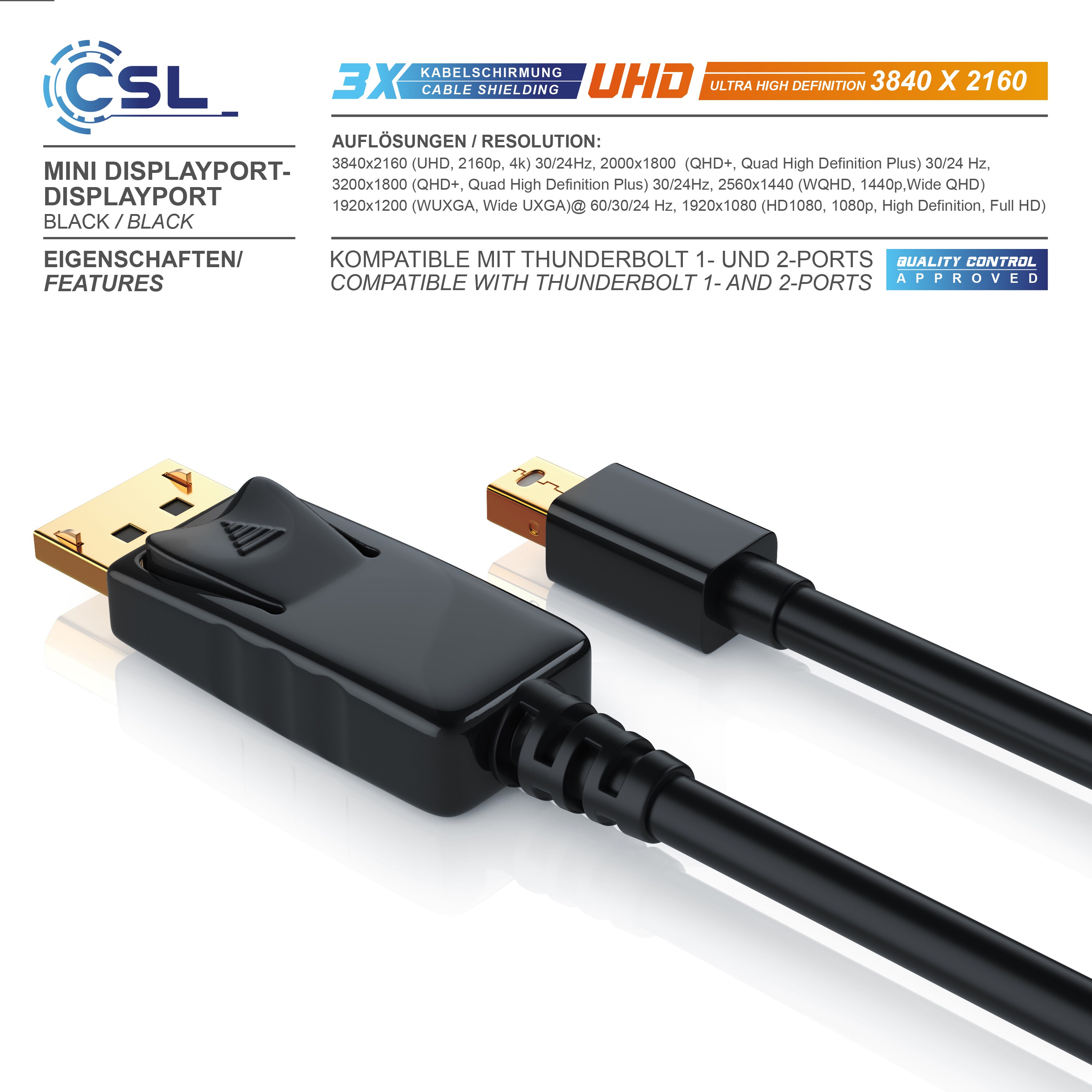 CSL Mini DisplayPort zu DisplayPort Audio- & Video-Kabel, FullHD MiniDP Monitor Kabel, Verbindungskabel - 1m