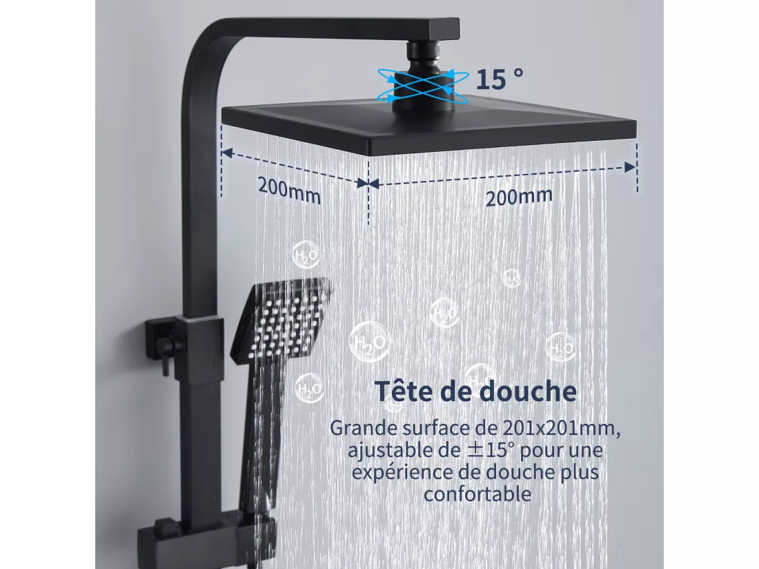 Colonne de Douche Noir Système de Douche avec Douchette Set Kit de Douche sans Mitigeur en Acier Inox Réglable en Hauteur
