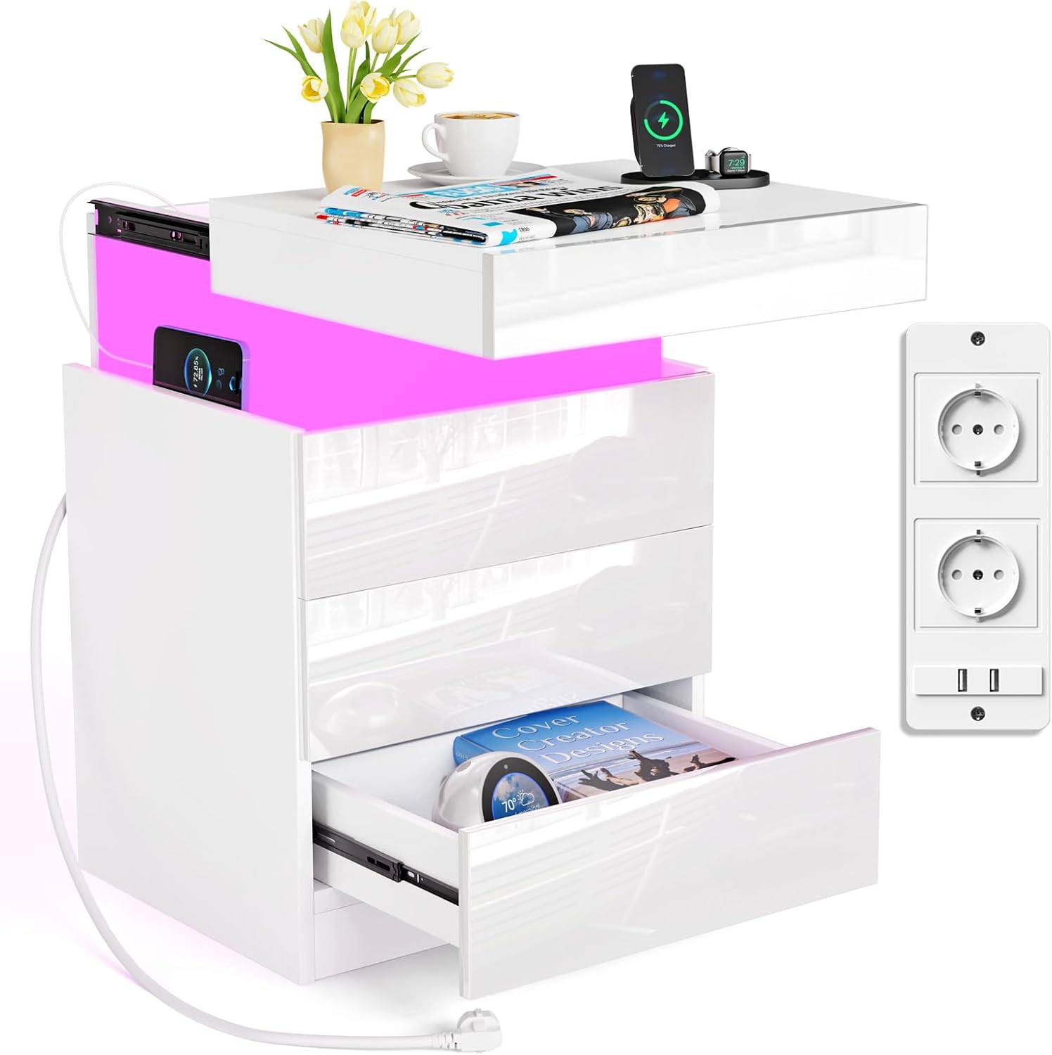 Nachttisch weiß led, 3 Schubladen, Nachttisch mit USB, AC Steckdosen, 2 USB-Anschlüsse, Hochglanz, Verstecktem Schublade, Beistelltisch Nachtschrank für Schlafzimmer Wohnzimmer