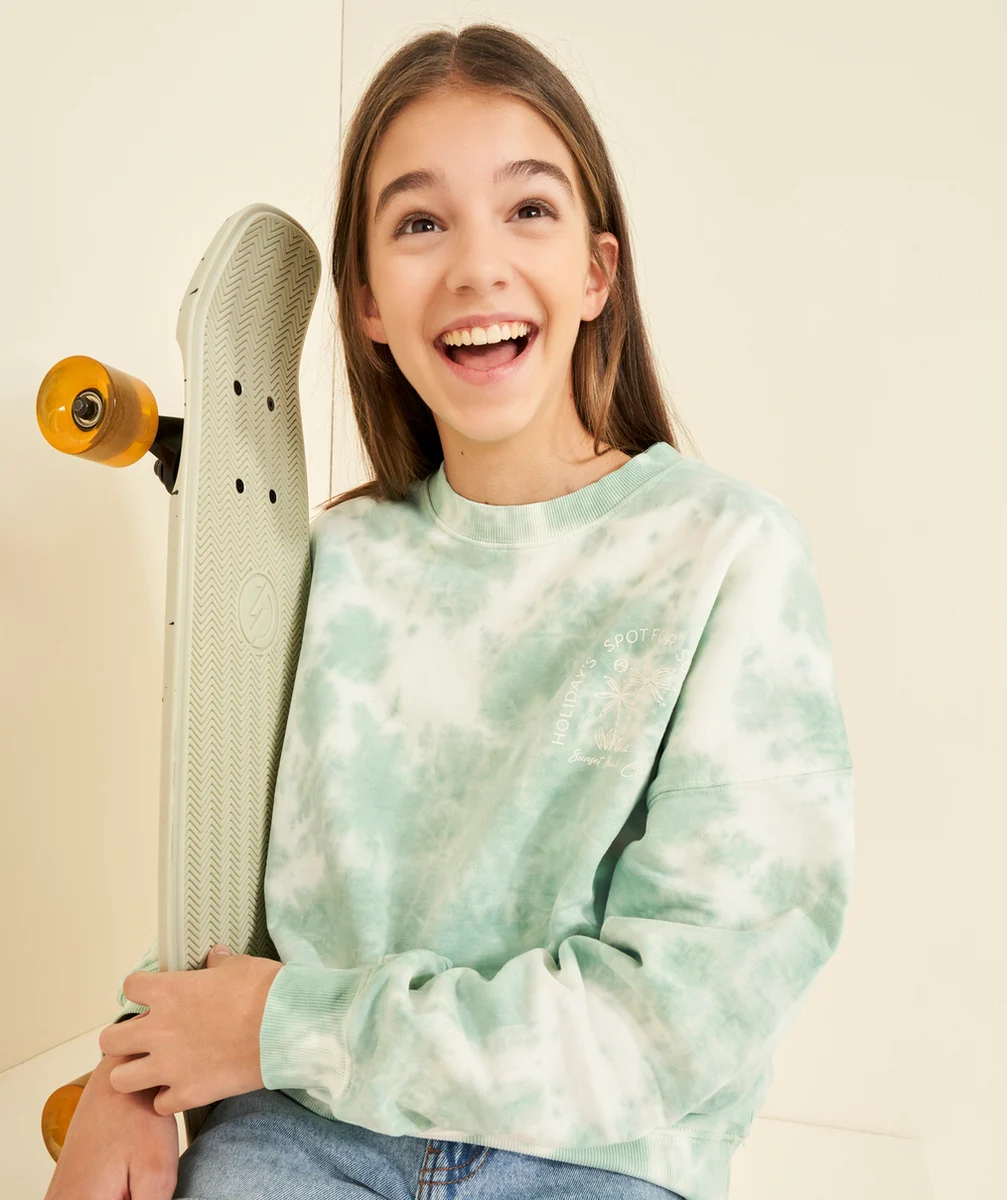 SWEAT MANCHES LONGUES FILLE EN COTON TIE & DYE VERT ET BLANC