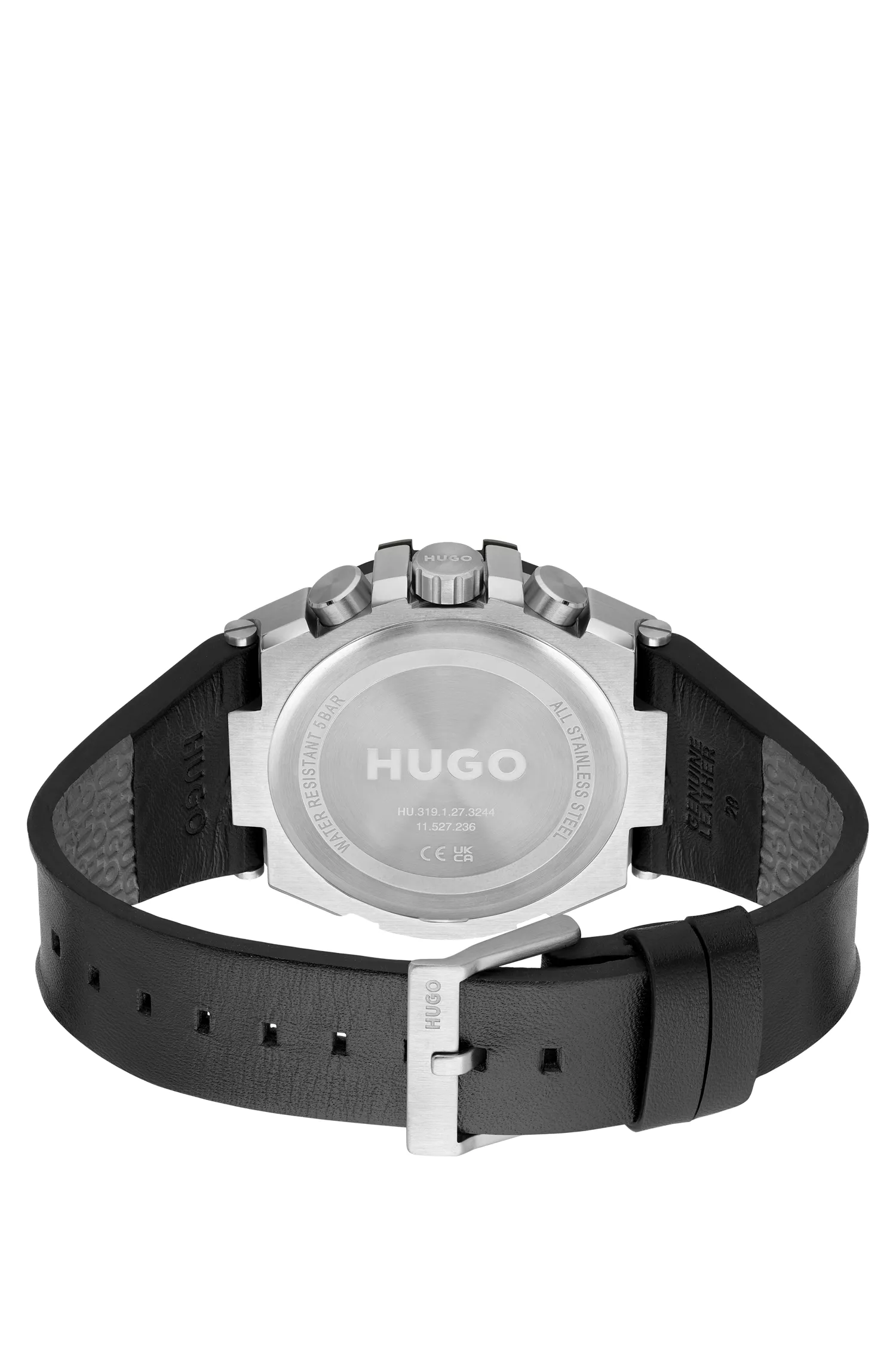 Relógio HUGO com mostrador vermelho e preto e pulseira de couro.