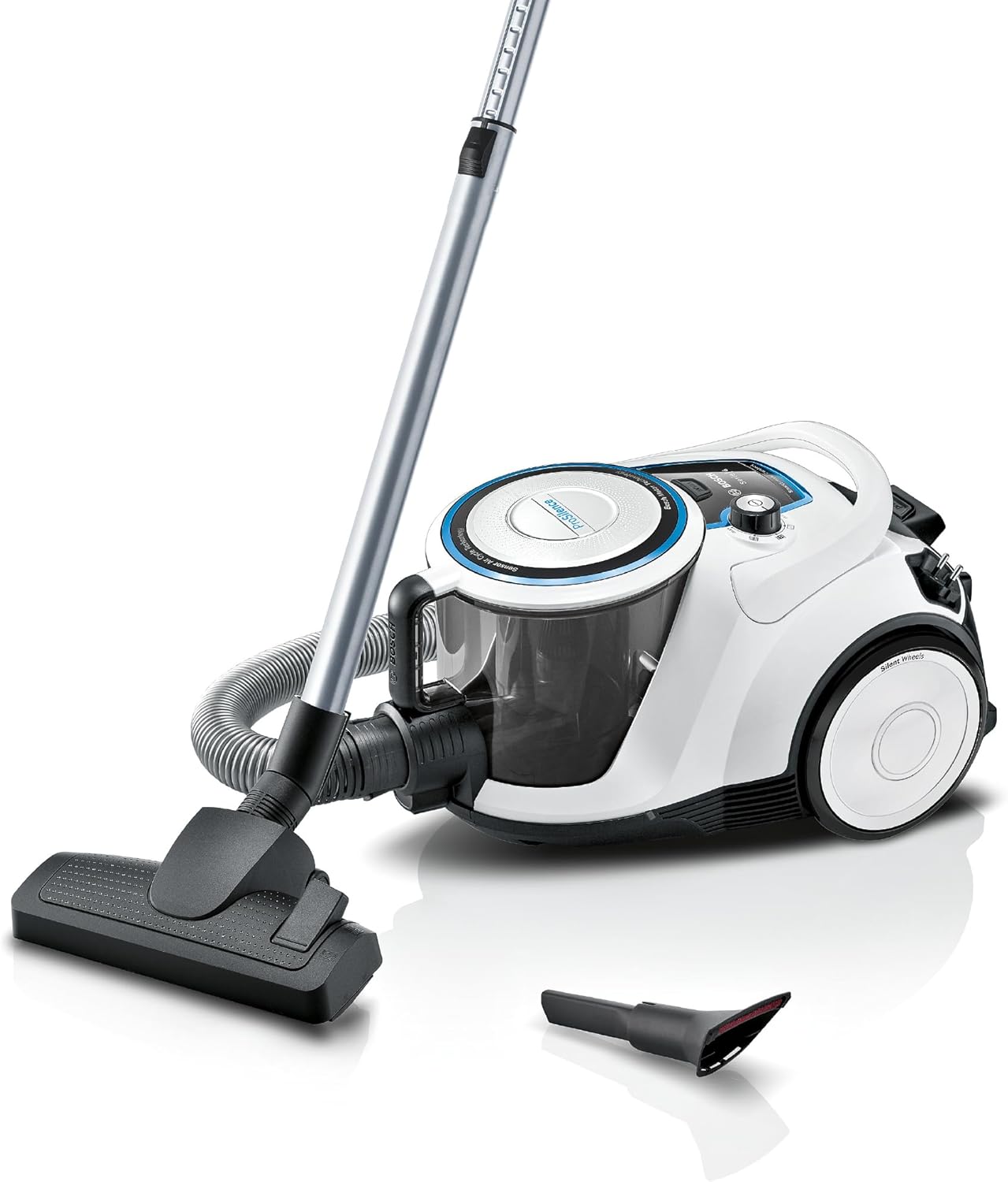 Bosch Staubsauger beutellos Serie 6 BGC41LSIL, Bodenstaubsauger, ideal für Allergiker, Hygiene-Filter, für Parkett, Teppich, Fliesen, leise, langes Kabel, Polster-Düse, weiß