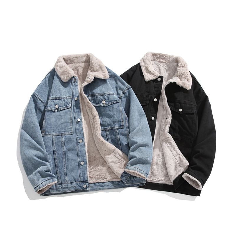 Ninine - Fleece gevoerde denim jas met kraag en knoopjes