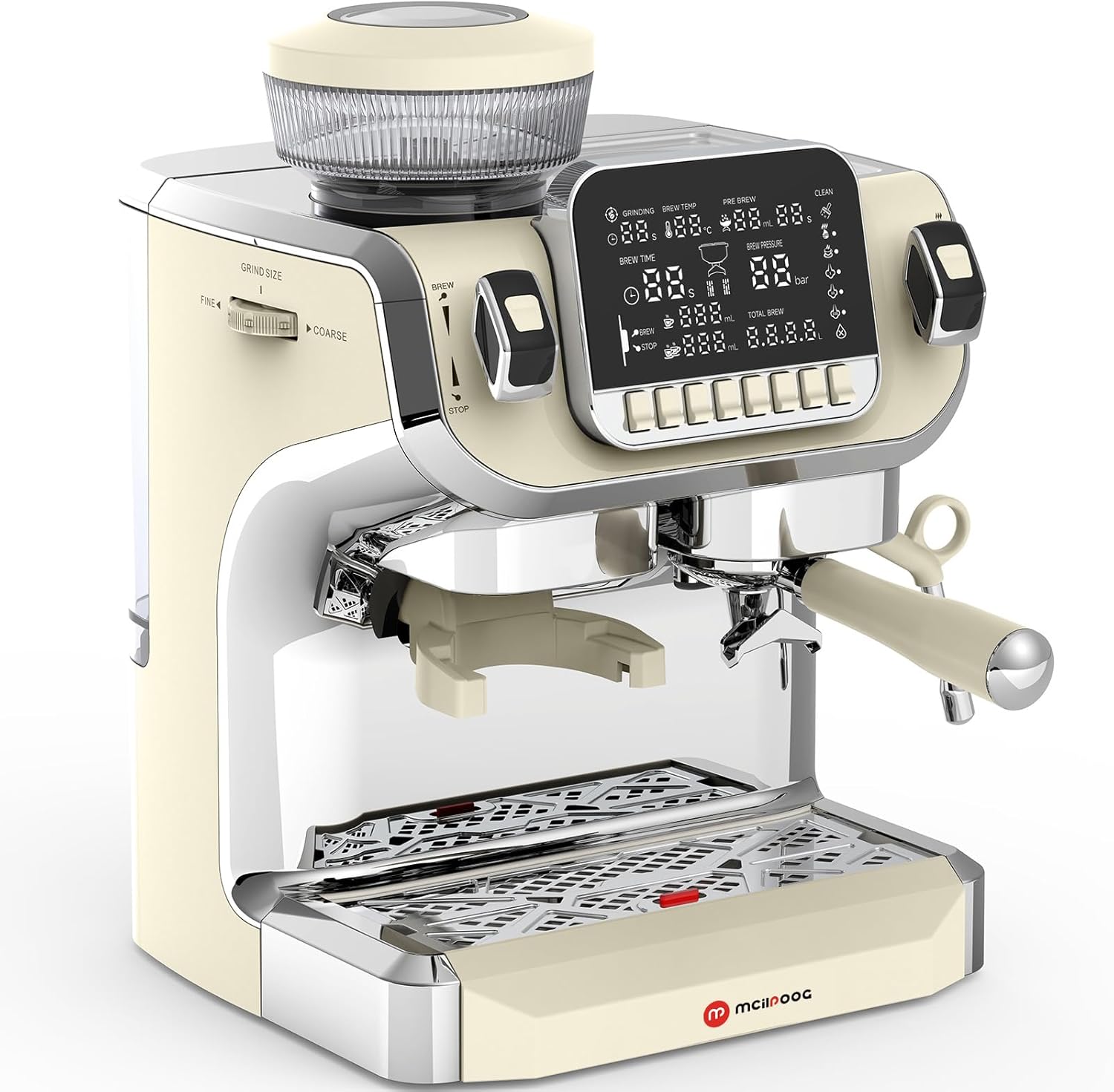 Mcilpoog TC520 Machine à expresso avec mousse à lait, Machine à café semi-automatique avec broyeur, Machine à café expresso facile à utiliser avec grand écran de 6 pouces, pompe à pression de 15 bar
