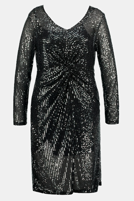 Pailletten-Kleid, drapierte Taille, V-Ausschnitt, Langarm