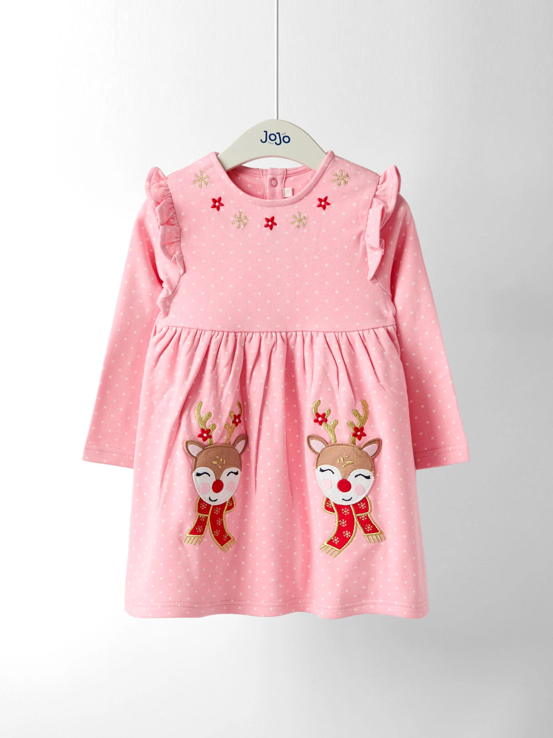 Rose Pink Reindeer - JoJo Maman Bébé Kerstmis jurk met schouderruches en appliqué
