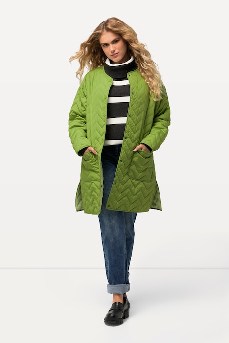 Long-Steppjacke, Zackenstepp, Rundhals, Druckknöpfe