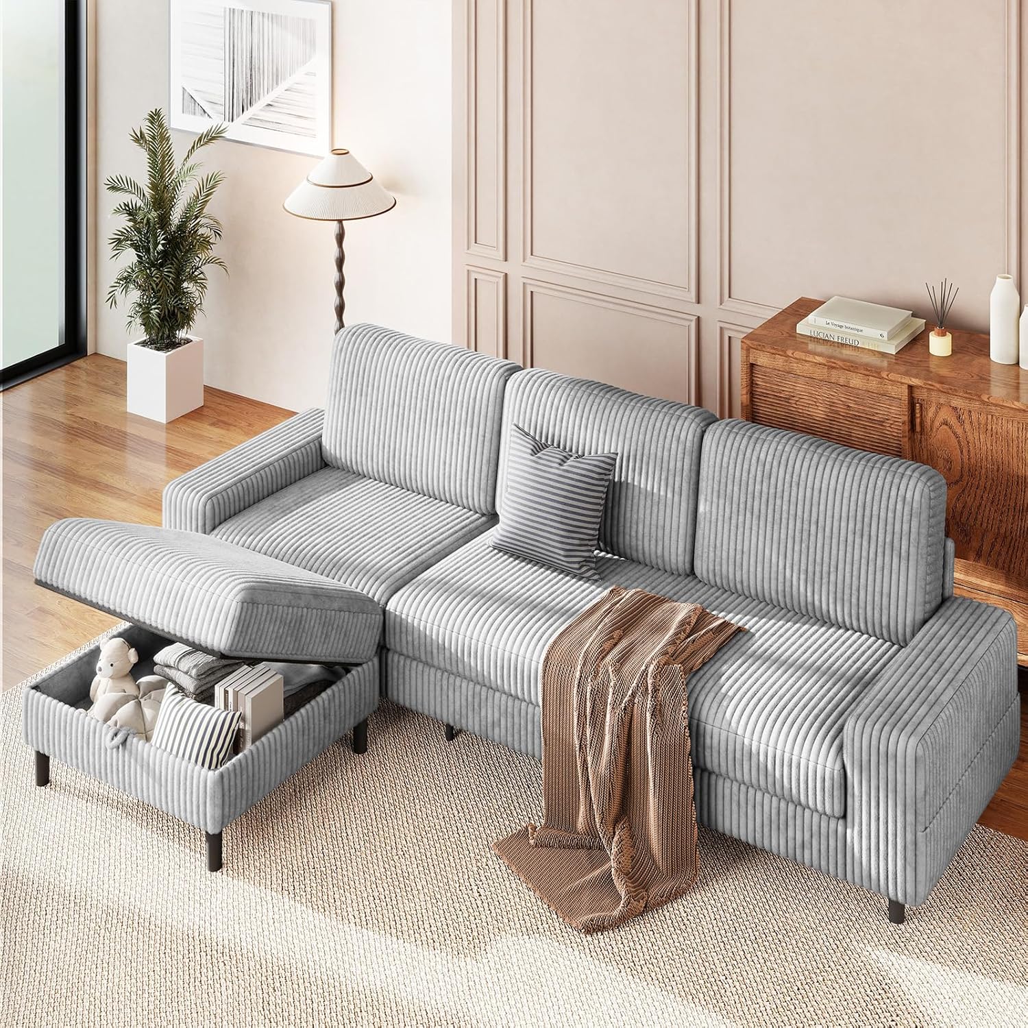 200cm Sofa 3 Sitzer L Form mit Verstellbarer Aufbewahrungs-Hocker, Ecksofa mit Schlaffunktion, Modulares Sofa, Cordcouch, Holzrahmen, tiefer Sitz, Ideal für Wohnzimmer, Grau