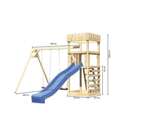 Speeltoren/speelhuis Karibu Leeuwenhart, 107 x 107 cm, van hout, bestaande uit een glijbaan, 2 schommels en een klimwand.