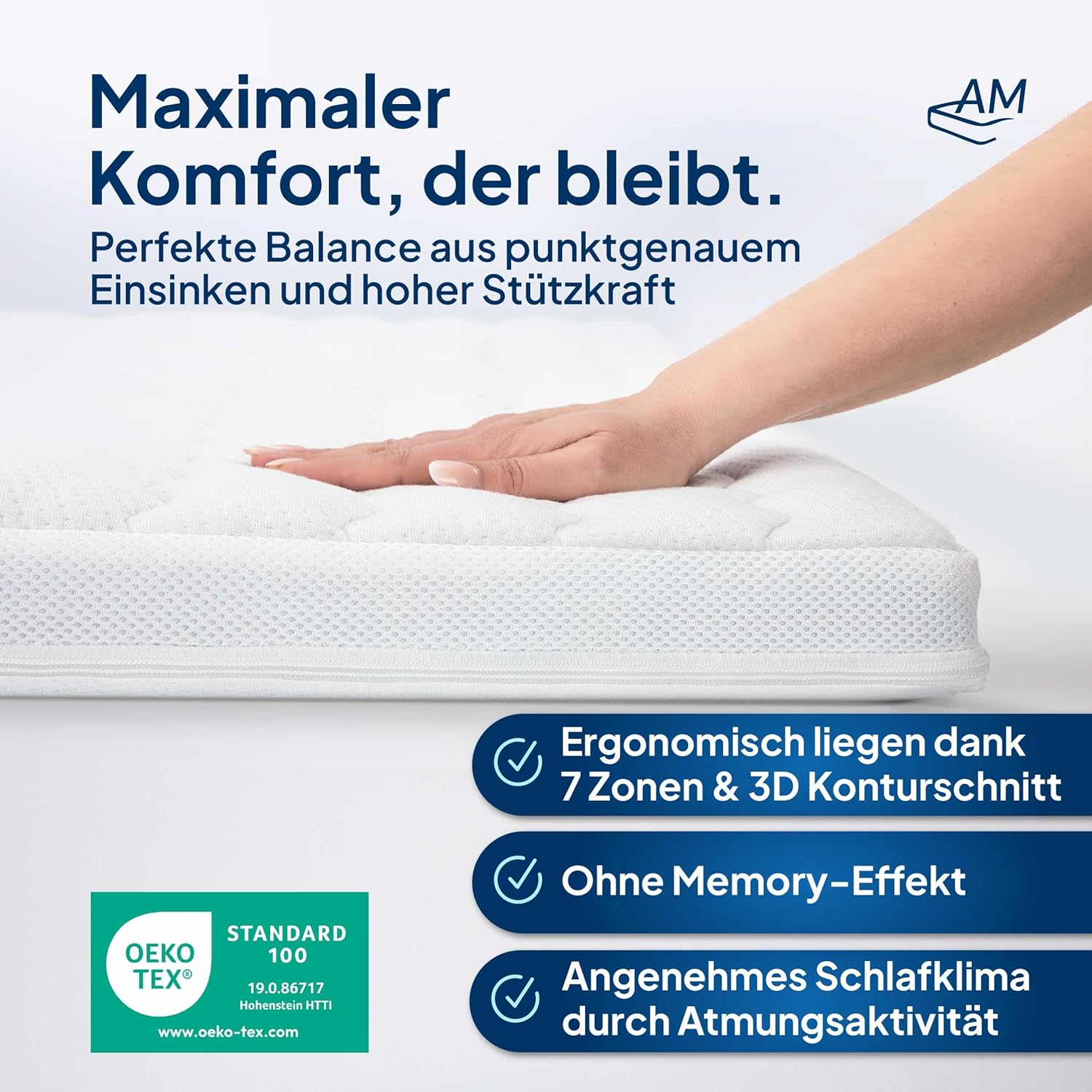 AM Qualitätsmatratzen 3D Deluxe 7 Zonen Kaltschaum Topper 160x190cm RG50 - Made in Germany - Atmungsaktiver Topper 160x190-8cm - Matratzenauflage 160x190 mit Lyocell Bezug und Anti-Rutsch Funktion