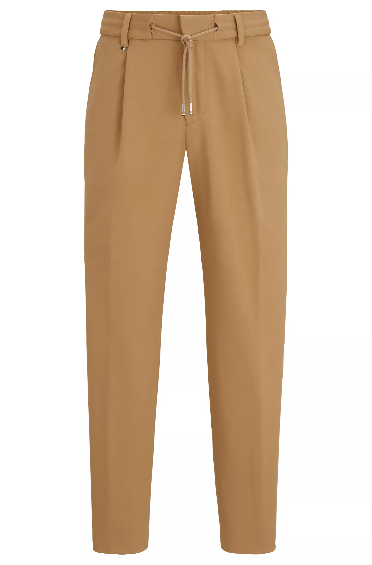 Calça BOSS preta, modelagem relaxada com cordão, em tecido bi-elástico.