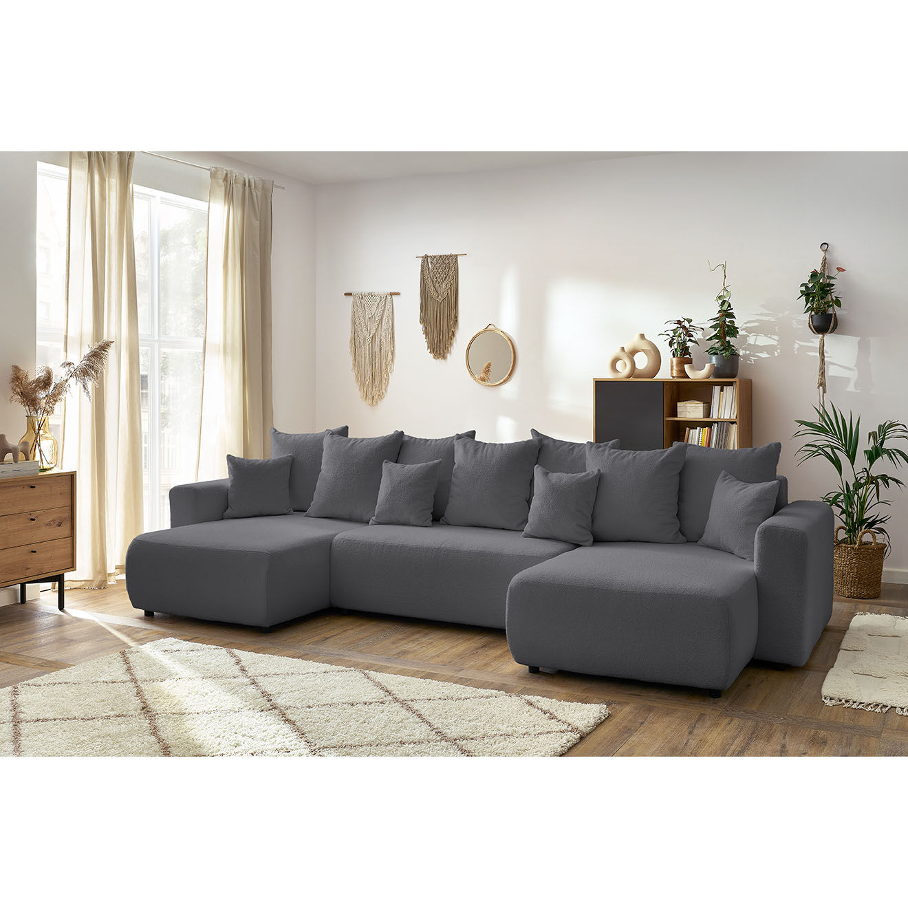 Bobochic Canapé panoramique convertible coffre bouclette envy gris foncé - 386x153x95 cm