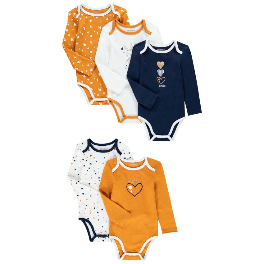 Lot de 5 bodies manches longues motifs coeurs et lapin pour bébé fille - Ecru