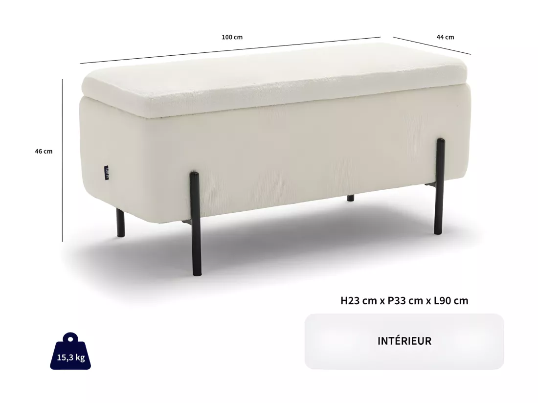 Kos - Banc coffre en tissu et métal L100cm - Gris clair