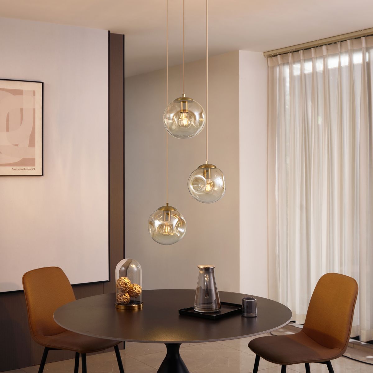 Art deco hanglamp messing met amber glas 3-lichts - Douglass