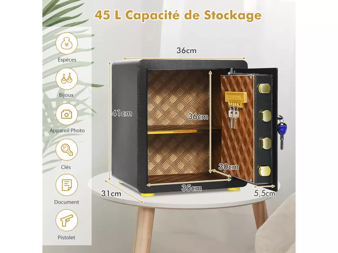 Coffre-fort de Sécurité Électronique 45L, avec Clavier Numérique, Système d'Alarme, Étagère Amovible, 2 Clés Principales et 2 d'Urgence, 36 x 31 x 41 CM