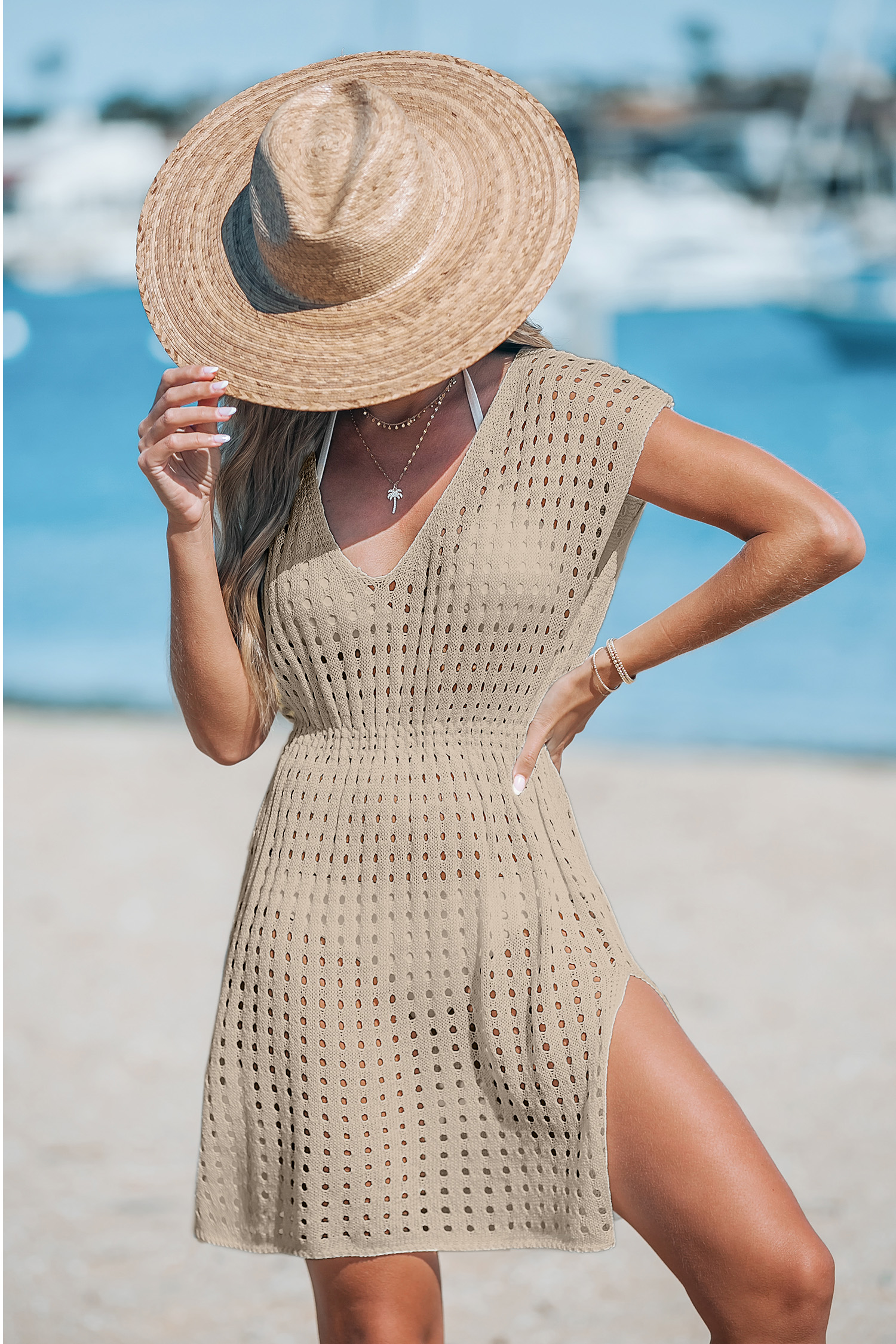 Robe cover up en tricot ouvert neutre