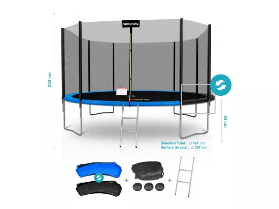Trampoline de Jardin Deluxe 14FT ø427cm Réversible Bleu / Noir - Pack trampo Extérieur avec Echelle, Filet de sécurité