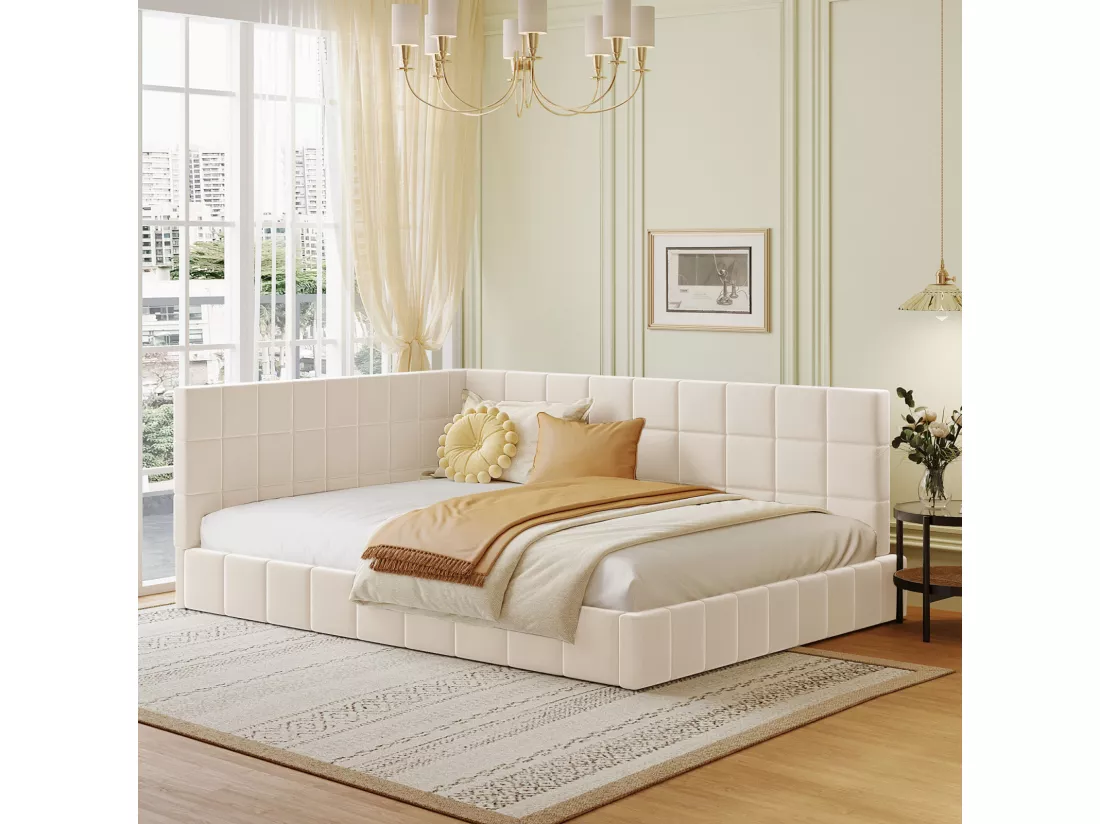 Lit gigogne capitonné 140x200cm, canapé-lit, sommier à lattes, lit adulte, velours, Beige