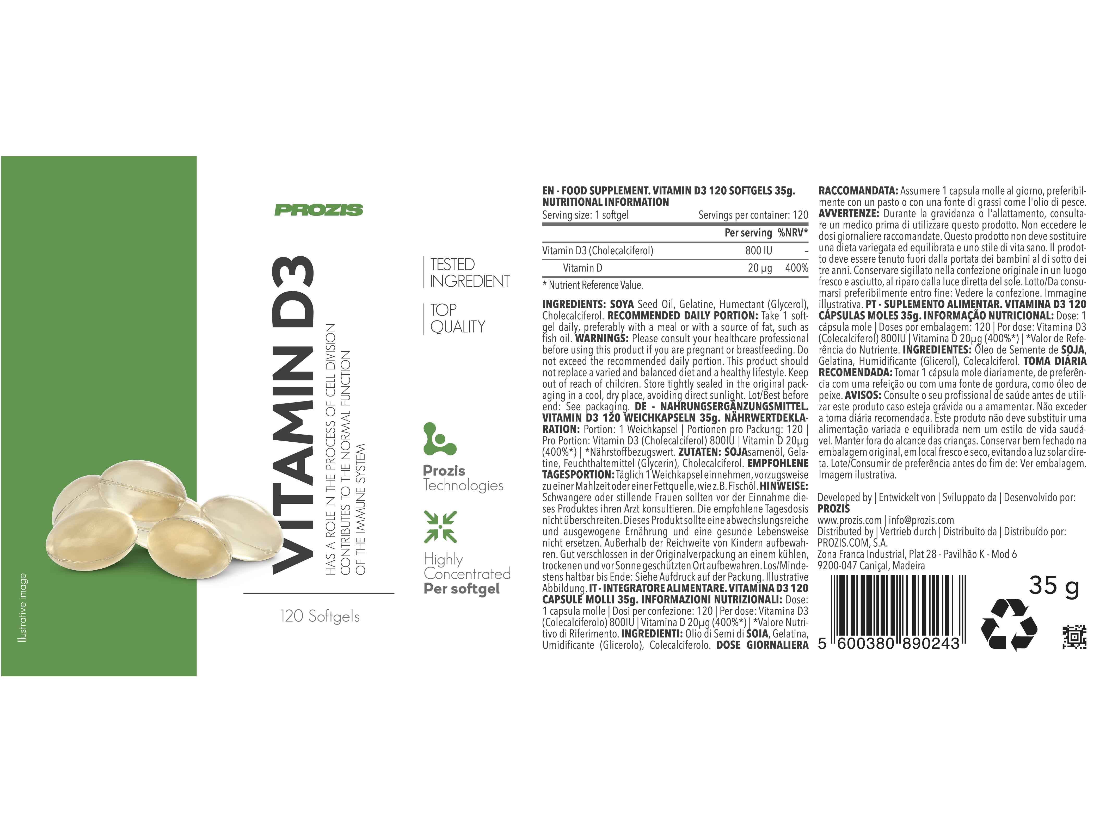 SUPLEMENTO PROZIS VITAMINA D3 800IU 120 CAPS MOLES