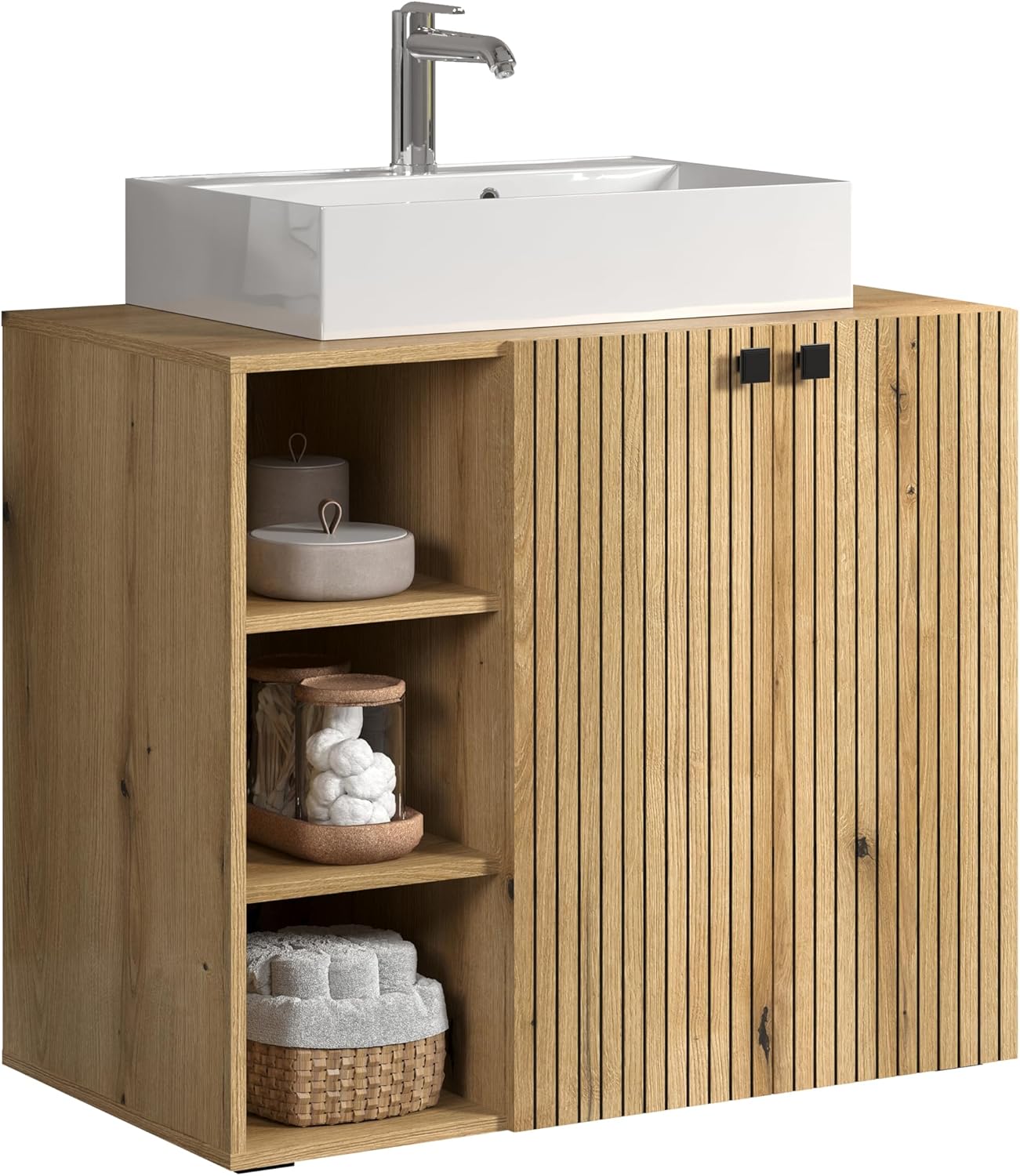 trendteam smart living - PureBliss - Waschbeckenunterschrank - Evoke Eiche - Rillenoptik - 3 offene Fächer + 1 Einlegeboden + 60cm Aufsatzwaschbecken - (BxHxT) 90 x 91 x 53cm - Metallgriffe