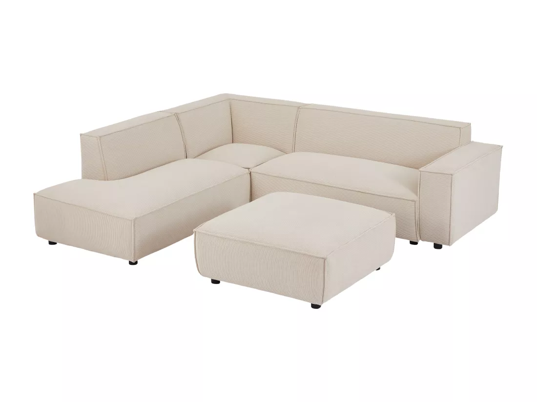 Grand canapé d'angle gauche et pouf en velours côtelé beige BORORE de Pascal Morabito