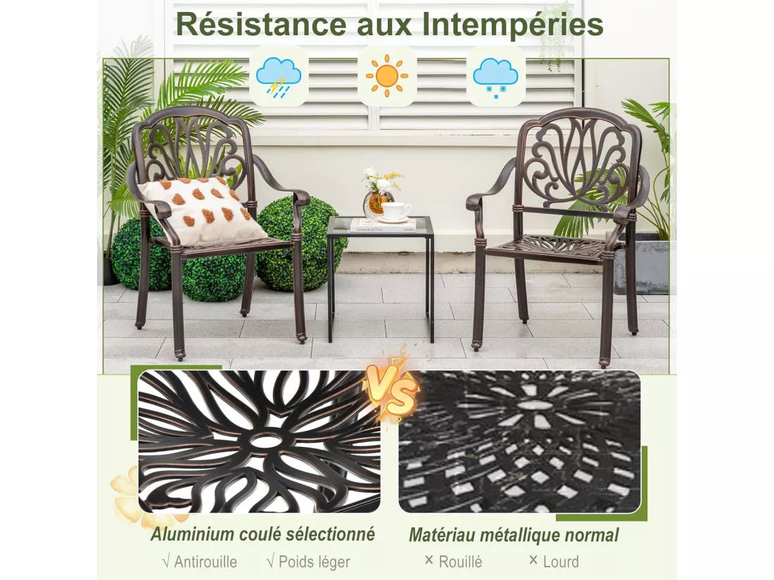 Lot de 2 Chaises de Jardin en Fonte d’Aluminium, Chaises de Biatro avec Accoudoirs, Chaise Salon de Jardin Empilable, pour Terrasse, Balcon, Cour (Bronze, en Fleur)