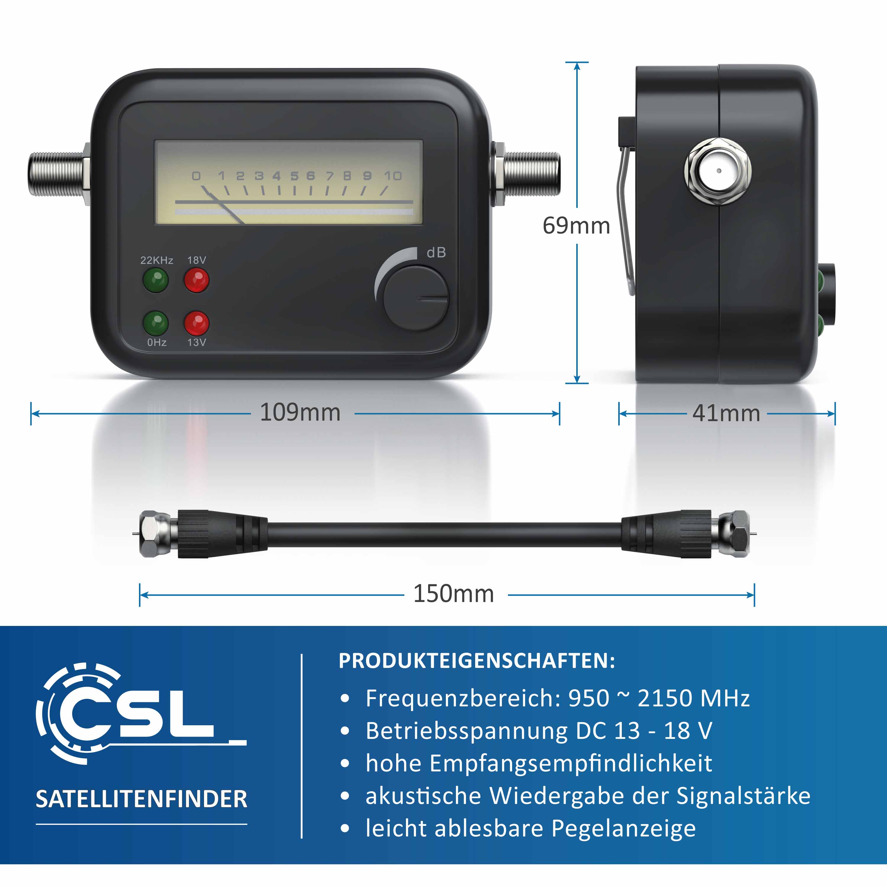CSL Satellitenfinder mit Pegelskala HD-fähig / Zeigeranzeige mit Signalton / Satfinder