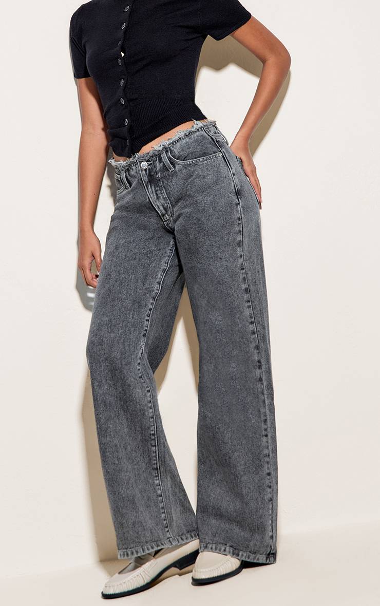 Gris Jean Droit Taille Basse Avec Ceinture Effilochée
