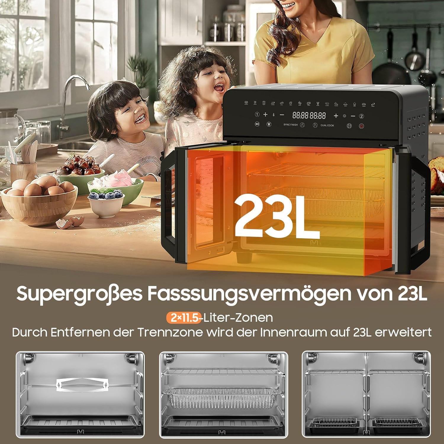Heißluftfritteuse 23L Dual Zone - XXL Airfryer mit French Door | Heissluftfritteuse Ofen mit Doppelkammer, 15 Programme, 2200W, 12 Zubehör, Herausnehmbarem Trenner für Kochraum, 50-200℃