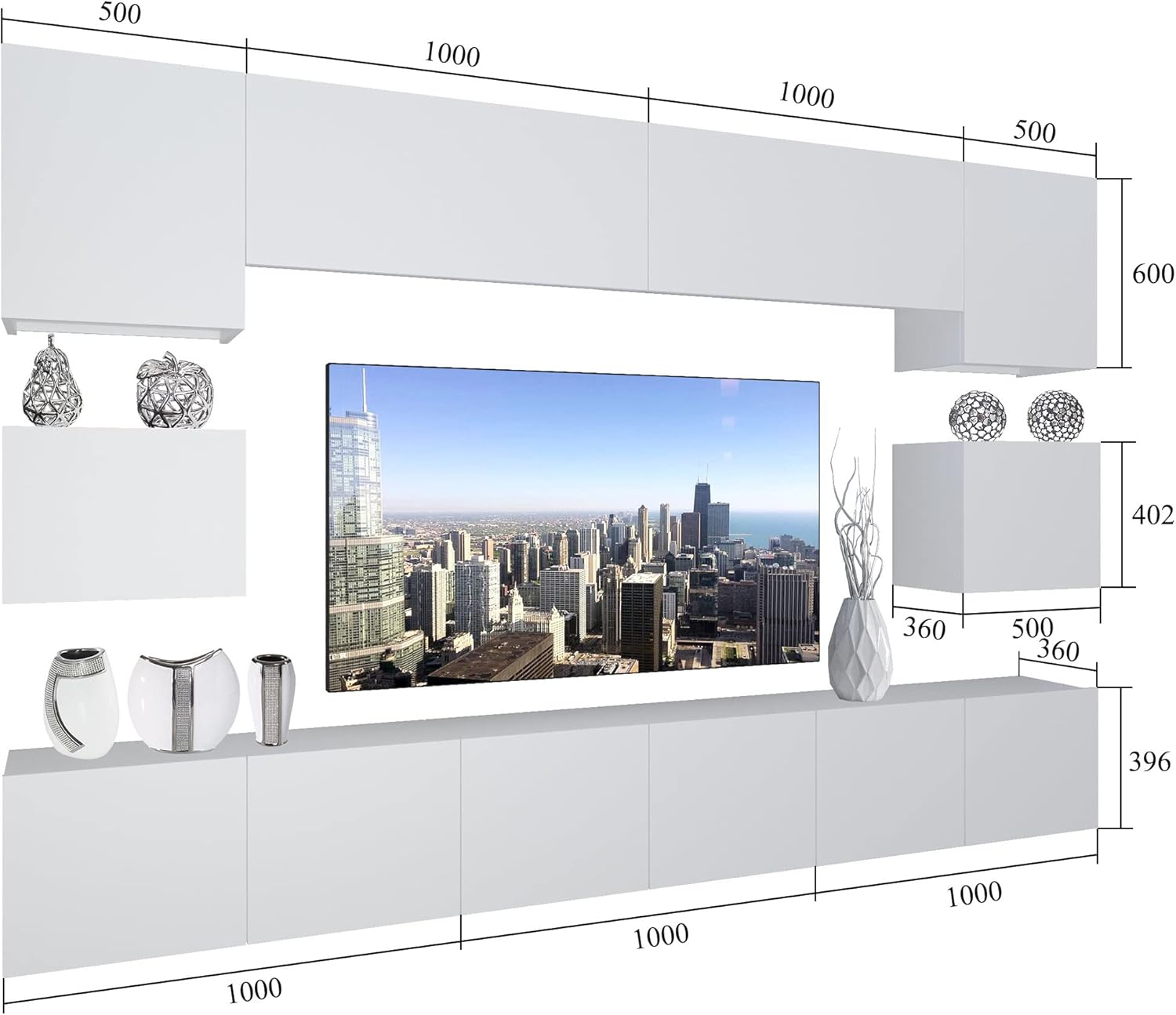 BELINI Wohnwand Vollausstattung Wohnzimmer-Set Moderne Schrankwand mit LED-Beleuchtung Anbauwand TV-Schrank Weiß/Schwarz