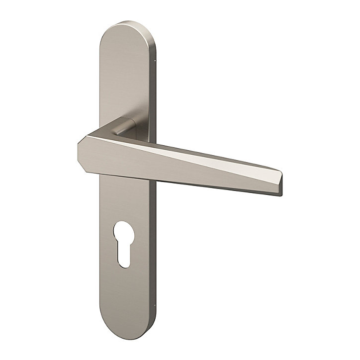 Ensemble poignée sur plaque rondcylindre GoodHome Keri effet nickel satin gris L.140mm x l.42mm entraxe 165-195mm