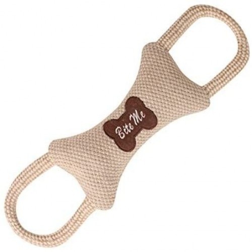 Brinquedo de mastigar em formato de osso com 2 alças para cães, cor natural.