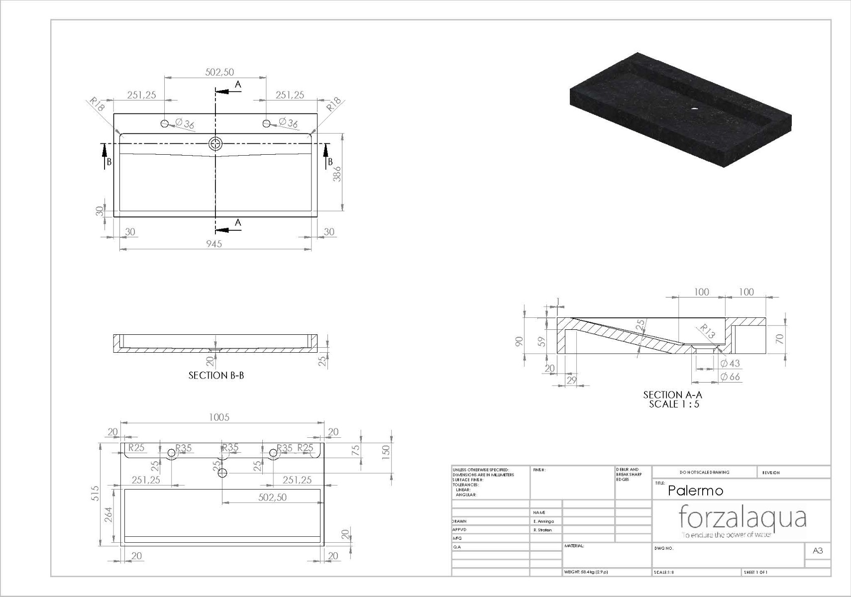 Forzalaqua Gela badmeubel 100cm charcoal met Palermo wastafel graniet gekapt met 2 kraangaten