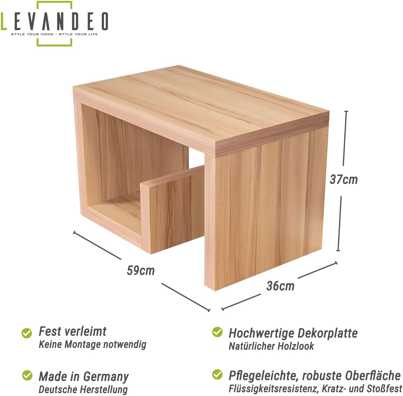 levandeo Couchtisch Gustav Kernbuche B x H x T: 59x37x36cm Holz Beistelltisch Keine Montage Fest verleimt Wohnzimmertisch