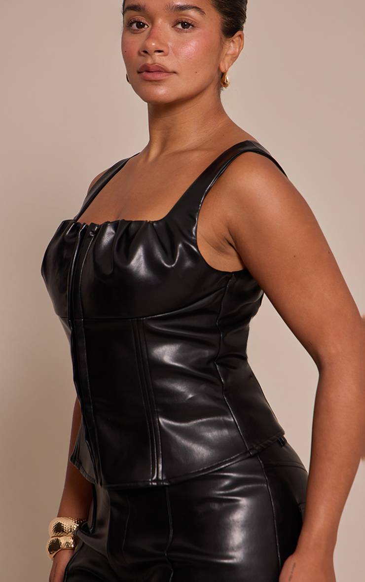 Noir Top Corset Shape En Synthétiquecuir Avec Buste Froncé Et Encolure Carrée