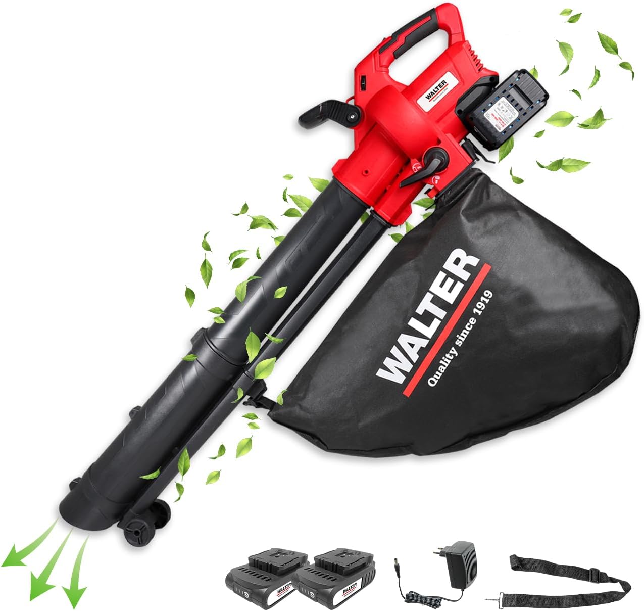 WALTER Professional Li-Ion Akku-Laubbläser und Laubsauger 40V, Blasgeschwindigkeit: 160-210 km/h, Einsaugvolumen 10,3 m³/ min, Laubsackkapazität: 45 l, geringes Gewicht von nur 3,4 kg, inkl. Tragegurt